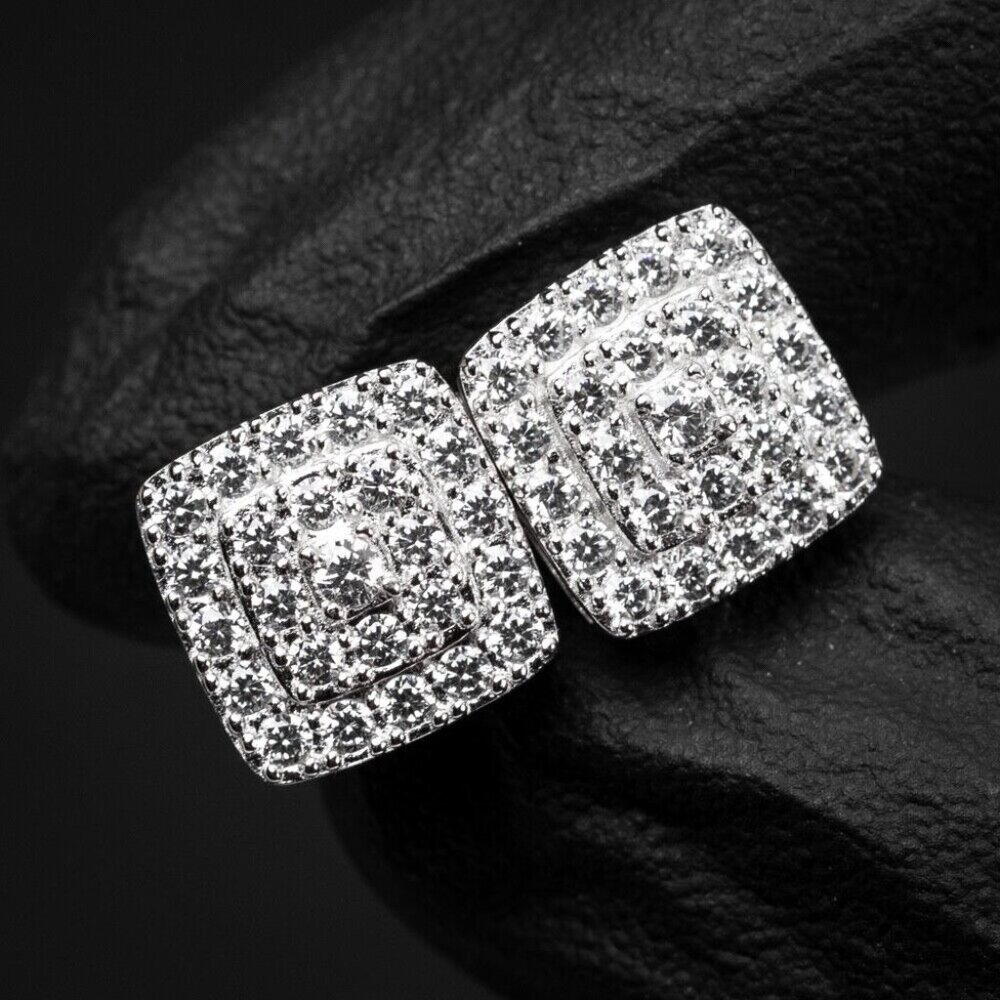 Square Honey Comb Set 925 Sterling Silver Cz Mens Hip Hop Stud Earrings